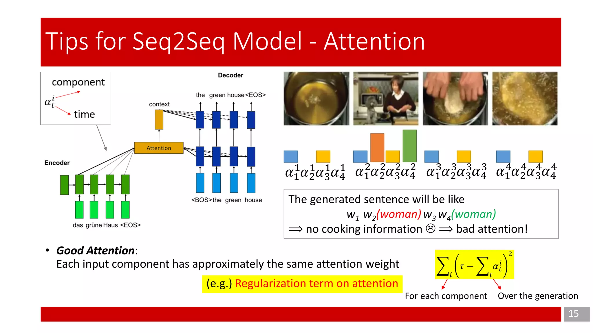 15
Tips for Seq2Seq Model - Attention
𝛼1
1
𝛼2
1
𝛼3
1
𝛼4
1 𝛼1
2
𝛼2
2
𝛼3
2
𝛼4
2
𝛼1
3
𝛼2
3
𝛼3
3
𝛼4
3
𝛼1
4
𝛼2
4
𝛼3
4
𝛼4
4
• Good Attention:
Each input component has approximately the same attention weight
(e.g.) Regularization term on attention
The generated sentence will be like
w1 w2(woman)w3 w4(woman)
⟹ no cooking information  ⟹ bad attention!
෍
𝑖
𝜏 − ෍
𝑡
𝛼 𝑡
𝑖
2
For each component Over the generation
 