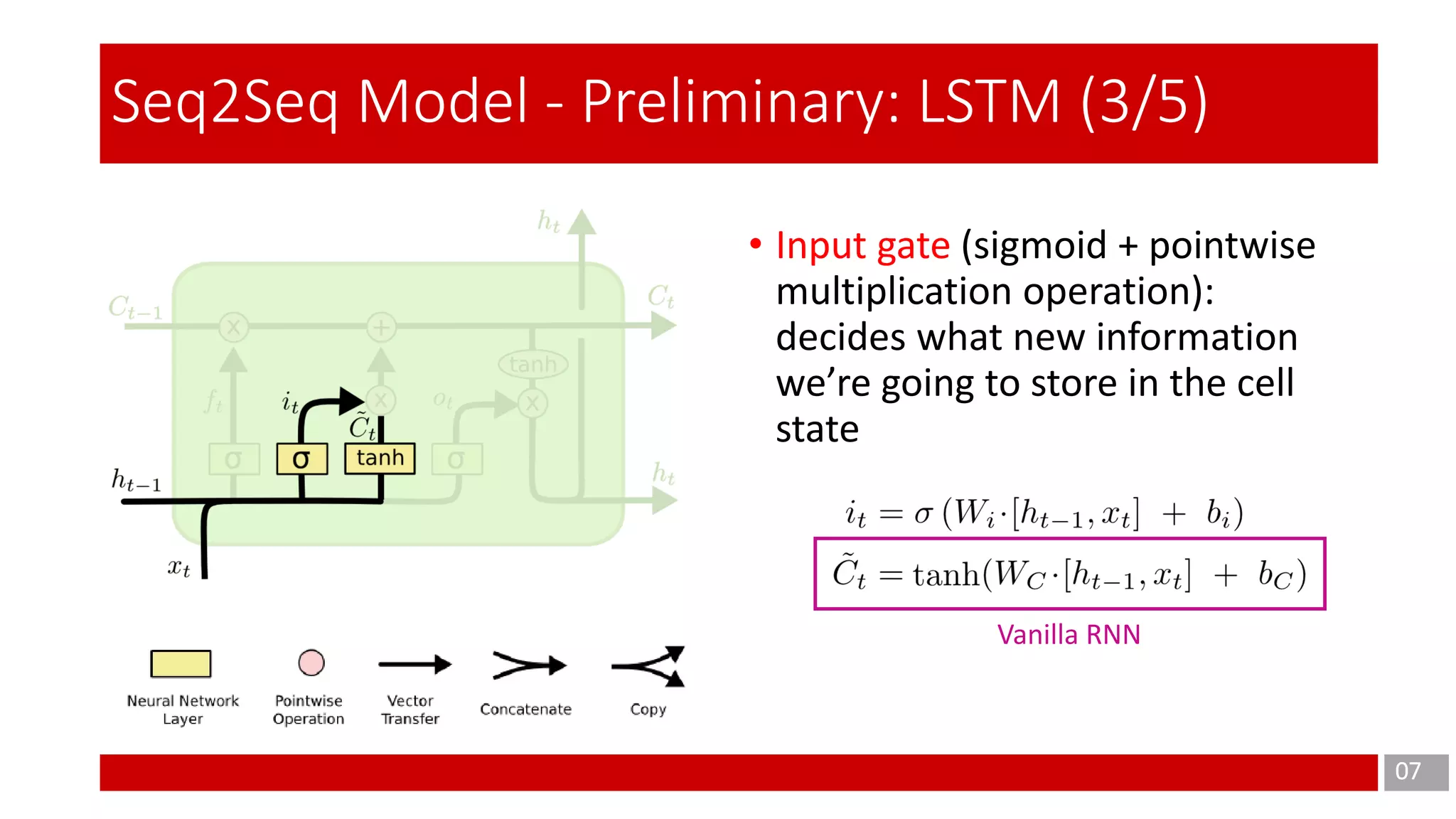 07
Seq2Seq Model - Preliminary: LSTM (3/5)
• Input gate (sigmoid + pointwise
multiplication operation):
decides what new information
we’re going to store in the cell
state
Vanilla RNN
 