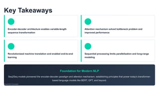 Key Takeaways
Encoder-decoder architecture enables variable-length
sequence transformation
Attention mechanism solved bottleneck problem and
improved performance
Revolutionized machine translation and enabled end-to-end
learning
Sequential processing limits parallelization and long-range
modeling
Foundation for Modern NLP
Seq2Seq models pioneered the encoder-decoder paradigm and attention mechanism, establishing principles that power today's transformer-
based language models like BERT, GPT, and beyond.
Essential Concepts
 