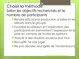 Choisir la méthode  Selon les objectifs recherchés et le nombre de participants Rendre efficace la production d’idées et les débats dans le groupe, Favoriser la réflexion et l’implication des participants en permettant l’expression et la prise en compte de toutes les opinions Aboutir à des résultats soutenus par tous Recueillir, ne pas juger Ne pas décider seul (grille de Tandenbaum) MARCEL NIZON IDRAC NANTES M2 