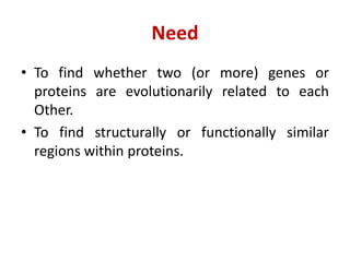 Need
• To find whether two (or more) genes or
proteins are evolutionarily related to each
Other.
• To find structurally or functionally similar
regions within proteins.
 