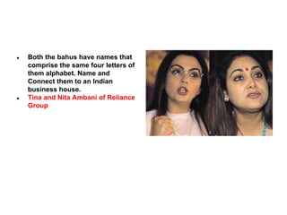●

●

Both the bahus have names that
comprise the same four letters of
them alphabet. Name and
Connect them to an Indian
business house.
Tina and Nita Ambani of Reliance
Group

 