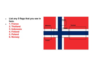 ●

●

List any 5 flags that you see in
here.
1. France
2. Thailand
3. Indonesia
4. Finland
5. Poland
6. Norway

 