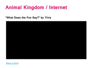 Animal Kingdom / Internet
“What Does the Fox Say?” by Ylvis
Back to Grid
 