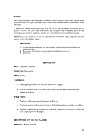 27
4ª Etapa:
Para finalizar proporcione uma situação problema, como o exemplo abaixo para verificar se os
alunos utilizaram as noções que foram institucionalizadas como ferramenta para resolver novas
situações.
O salário fixo mensal de um segurança é de R$ 765,00. Para aumentar sua receita ele faz
plantões noturnos em uma boate, onde recebe R$ 65,00 por noite de trabalho. Escreva uma
sentença que represente o salário a receber em função do número de plantões realizado.
Observação: Caso a escola não possua laboratório de informática, a etapa 3 poderá ser feita
usando papel milimetrado e régua.
AVALIAÇÃO:
1- A participação dos alunos nas discussões e na atividade de consolidação dos
conhecimentos;
2- Construção de gráficos e apresentação dos trabalhos em grupo;
3- Exercícios.
SEQUENCIA 10
ÁREA: Ciências da Natureza
DISCIPLINA: Matemática
SÉRIE: 1º ano
CONTEÚDO:
• Resolução de problemas do cotidiano envolvendo funções;
• Função polinomial do 2º grau: definições, construção de gráficos, interpretação e
análise de gráficos.
OBJETVOS:
• Resolver problema envolvendo equação do 2º grau;
• Analisar crescimento/decrescimento, zeros de funções reais apresentadas em gráficos;
• Resolver problemas que envolvam os pontos de máximo ou de mínimo no gráfico de
uma função polinomial do 2º grau.
DESCRITORES: D17, D20, D26. (PAEBES)
TEMPO ESTIMADO: 10 aulas
 