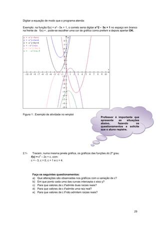 29
Digitar a equação de modo que o programa atenda:
Exemplo: na função f(x) = x² - 5x + 1, o correto seria digitar x^2 - 5x + 1 no espaço em branco
na frente de f(x) = , pode-se escolher uma cor de gráfico como preferir e depois apertar OK.
Figura 1 : Exemplo de atividade no winplot
2.1- Tracem, numa mesma janela gráfica, os gráficos das funções do 2º grau
f(x) = x
2
– 2x + c, com:
c = - 3, c = 0, c = 1 e c = 4.
Faça os seguintes questionamentos:
a) Que alterações são observadas nos gráficos com a variação de c?
b) Em que ponto cada uma das curvas intercepta o eixo y?
c) Para que valores de c f admite duas raízes reais?
d) Para que valores de c f admite uma raiz real?
e) Para que valores de c f não admitem raízes reais?
Professor é importante que
apresente as situações
abaixo, fazendo os
questionamentos e solicite
que o aluno registre.
 