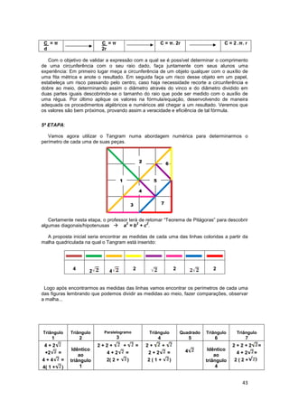 43
C = π
d
C = π
2r
C = π. 2r C = 2 .π. r
Com o objetivo de validar a expressão com a qual se é possível determinar o comprimento
de uma circunferência com o seu raio dado, faça juntamente com seus alunos uma
experiência: Em primeiro lugar meça a circunferência de um objeto qualquer com o auxílio de
uma fita métrica e anote o resultado. Em seguida faça um risco desse objeto em um papel,
estabeleça um risco passando pelo centro, caso haja necessidade recorte a circunferência e
dobre ao meio, determinando assim o diâmetro através do vinco e do diâmetro dividido em
duas partes iguais descobrindo-se o tamanho do raio que pode ser medido com o auxílio de
uma régua. Por último aplique os valores na fórmula/equação, desenvolvendo de maneira
adequada os procedimentos algébricos e numéricos até chegar a um resultado. Veremos que
os valores são bem próximos, provando assim a veracidade e eficiência de tal fórmula.
5ª ETAPA:
Vamos agora utilizar o Tangram numa abordagem numérica para determinarmos o
perímetro de cada uma de suas peças.
Certamente nesta etapa, o professor terá de retomar “Teorema de Pitágoras” para descobrir
algumas diagonais/hipotenusas a
2
= b
2
+ c
2
.
A proposta inicial seria encontrar as medidas de cada uma das linhas coloridas a partir da
malha quadriculada na qual o Tangram está inserido:
4 2 4 2 2 2
Logo após encontrarmos as medidas das linhas vamos encontrar os perímetros de cada uma
das figuras lembrando que podemos dividir as medidas ao meio, fazer comparações, observar
a malha...
Triângulo
1
Triângulo
2
Paralelogramo
3
Triângulo
4
Quadrado
5
Triângulo
6
Triângulo
7
4 + 2
+2 =
4 + 4 =
4( 1 + )
Idêntico
ao
triângulo
1
2 + 2 + + =
4 + 2 =
2( 2 + )
2 + +
2 + 2 =
2 ( 1 + )
4 Idêntico
ao
triângulo
4
2 + 2 + 2 =
4 + 2 =
2 ( 2 +
1
2
3
4
5
6
7
 