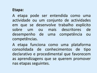 Etapa: A etapa pode ser entendida como uma actividade ou um conjunto de actividades em que se desenvolve trabalho explícito sobre um ou mais descritores de desempenho de uma competência ou competências. A etapa funciona como uma plataforma consolidada de conhecimentos de tipo declarativo e procedimental que favorecem as aprendizagens que se querem promover nas etapas seguintes. 