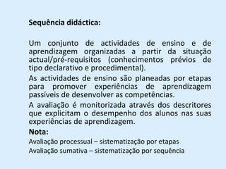 Sequência didáctica: Um conjunto de actividades de ensino e de aprendizagem organizadas a partir da situação actual/pré-requisitos (conhecimentos prévios de tipo declarativo e procedimental).  As actividades de ensino são planeadas por etapas para promover experiências de aprendizagem passíveis de desenvolver as competências.  A avaliação é monitorizada através dos descritores que explicitam o desempenho dos alunos nas suas experiências de aprendizagem. Nota:  Avaliação processual – sistematização por etapas Avaliação sumativa – sistematização por sequência 