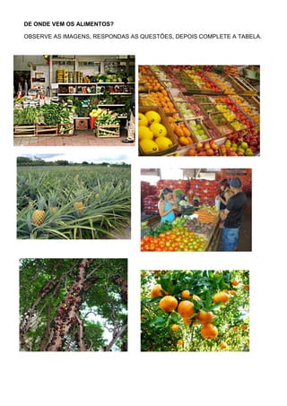 DE ONDE VEM OS ALIMENTOS?

OBSERVE AS IMAGENS, RESPONDAS AS QUESTÕES, DEPOIS COMPLETE A TABELA.
 