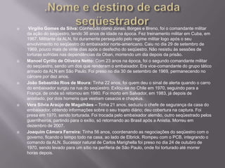     Virgílio Gomes da Silva: Conhecido como Jonas, Borges e Breno, foi o comandante militar
    da ação do seqüestro, tendo 36 anos de idade na época. Fez treinamento militar em Cuba, em
    1967. Militante da ALN, foi duramente perseguido pelo regime militar logo após o seu
    envolvimento no seqüestro do embaixador norte-americano. Caiu no dia 29 de setembro de
    1969, pouco mais de vinte dias após o desfecho do seqüestro. Não resistiu às sessões de
    torturas sofridas nas dependências da Oban, morrendo um dia depois da prisão.
   Manoel Cyrillo de Oliveira Netto: Com 23 anos na época, foi o segundo comandante militar
    do seqüestro, sendo um dos que renderam o embaixador. Era vice-comandante do grupo tático
    armado da ALN em São Paulo. Foi preso no dia 30 de setembro de 1969, permanecendo no
    cárcere por dez anos.
   João Sebastião Rios de Moura: Tinha 22 anos, foi quem deu o sinal de alerta quando o carro
    do embaixador surgiu na rua do seqüestro. Exilou-se no Chile em 1970, seguindo para a
    França, de onde só retornou em 1980. Foi morto em Salvador, em 1983, já depois de
    anistiado, por dois homens que vestiam casacos e chapéus.
   Vera Sílvia Araújo de Magalhães – Tinha 21 anos, seduziu o chefe de segurança da casa do
    embaixador, obtendo informações sobre o seu trajeto diário; deu cobertura na captura. Foi
    presa em 1970, sendo torturada. Foi trocada pelo embaixador alemão, outro seqüestrado pelos
    guerrilheiros, partindo para o exílio, só retornando ao Brasil após a Anistia. Morreu em
    dezembro de 2007.
   Joaquim Câmara Ferreira: Tinha 56 anos, coordenando as negociações do seqüestro com o
    governo, ficando o tempo todo na casa, ao lado de Elbrick. Rompeu com o PCB, integrando o
    comando da ALN. Sucessor natural de Carlos Marighella foi preso no dia 24 de outubro de
    1970, sendo levado para um sítio na periferia de São Paulo, onde foi torturado até morrer
    horas depois.
 