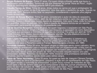    Sérgio Rubens de Araújo: Tinha 21 anos. Foi quem dirigiu a Kombi verde que levou o
    embaixador para o cativeiro. Tornou-se uns dos diretores do jornal “Hora do Povo”, órgão
    oficial do desintegrado ideologicamente MR-8 pós-ditadura.
   Cláudio Torres da Silva: Tinha 24 anos, dirigiu todos os carros em que o embaixador foi
    transportado. Foi preso no dia 9 de setembro, dois dias após o desfecho da ação, ficando na
    prisão até 1977. Sempre evitou falar no seqüestro, considerando o episódio uma página
    virada da sua vida
   Franklin de Souza Martins: Tinha 21 anos, considerado o autor da idéia do seqüestro,
    bloqueou o automóvel diplomático, além de dar cobertura contra o carro dos agentes do
    Cenimar. Deixou o Brasil dois meses depois do seqüestro, indo para Cuba, onde foi treinado
    em guerrilha. Voltou ao país em 1973. Após a queda da ditadura tornou-se um repórter
    conceituado, participando do governo do presidente Lula.
   Cid de Queiroz Benjamin: Tinha 20 anos, foi quem negociou o seqüestro em São Paulo
    com os líderes da ALN. Dirigiu o Fusca azul que bloqueou a passagem do carro diplomático
    e o Fusca que perseguiu e intimidou os agentes do Cenimar. Foi preso em abril de 1970,
    sendo trocado dois meses depois pelo embaixador alemão. No pós-ditadura tornou-se
    militante do PT, sendo candidato a alguns cargos políticos.
   João Lopes Salgado: Tinha 26 anos, sendo um dos que comandou a cobertura na
    operação que libertou o embaixador. Nunca foi preso, exilando-se no Chile em 1972,
    seguindo dali para o Panamá e para a França. Retornou após a Anistia, em 1980.
   Fernando Gabeira: Tinha 28 anos, foi quem alugou a casa que serviu como cativeiro, levou
    mensagens do embaixador para a esposa e deixou em um supermercado, a lista com os
    quinze nomes dos presos políticos que deveriam ser trocados pelo embaixador. Foi atingindo
    por uma bala, sendo preso em janeiro de 1970. Foi trocado naquele mesmo ano pelo
    embaixador alemão. Retornou ao Brasil em 1979, iniciando uma promissora carreira de
    jornalista, escritor e político, sendo eleito para vários cargos.
   Paulo de Tarso Venceslau: Tinha 25 anos, foi quem ao lado de Joaquim Câmara Ferreira,
    Virgílio Gomes da Silva e Cid Benjamin, preparou a ação em um apartamento em São Paulo.
    Foi quem rendeu o motorista do embaixador, e quem levou nomes de militantes de São
    Paulo para o Rio de Janeiro para que se compusesse a lista dos quinze prisioneiros. Foi
    preso no dia 1 de outubro de 1969, sendo torturado pela Oban. Ficou preso até 1974. No
    pós-ditadura, ocupou vários cargos políticos no Estado de São Paulo.
 