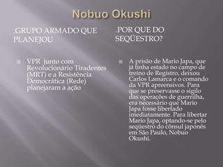 .GRUPO ARMADO QUE               .POR QUE DO
PLANEJOU                        SEQÜESTRO?


   VPR junto com                  A prisão de Mario Japa, que
    Revolucionário Tiradentes       já tinha estado no campo de
    (MRT) e a Resistência           treino de Registro, deixou
    Democrática (Rede)              Carlos Lamarca e o comando
    planejaram a ação               da VPR apreensivos. Para
                                    que se preservasse o sigilo
                                    das operações de guerrilha,
                                    era necessário que Mario
                                    Japa fosse libertado
                                    imediatamente. Para libertar
                                    Mario Japa, optando-se pelo
                                    seqüestro do cônsul japonês
                                    em São Paulo, Nobuo
                                    Okushi.
 