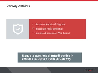 Gateway Antivirus
View the status of your complete network on a graphical
dashboard that collects, records and presents all the
information that you need.
Esegue la scansione di tutto il traffico in
entrata e in uscita a livello di Gateway.
• Sicurezza Antivirus Integrata
• Blocco dei rischi potenziali
• Servizio di scansione Web-based
 