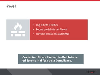 Firewall
View the status of your complete network on a graphical
dashboard that collects, records and presents all the
information that you need.
Consente o Blocca l’acceso tra Reti Interne
ed Esterne in difesa della Compliance.
• Log di tutto il traffico
• Regole predefinite del Firewall
• Previene accessi non autorizzati
 