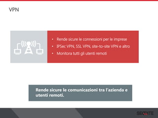 VPN
View the status of your complete network on a graphical
dashboard that collects, records and presents all the
information that you need.
Rende sicure le comunicazioni tra l’azienda e
utenti remoti.
• Rende sicure le connessioni per le imprese
• IPSec VPN, SSL VPN, site-to-site VPN e altro
• Monitora tutti gli utenti remoti
 
