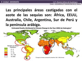 Las principales áreas castigadas con el
azote de las sequías son: África, EEUU,
Australia, Chile, Argentina, Sur de Perú y
la península arábiga.
TEMA: «DESARROLLO Y BIENESTAR EN EL PERÚ»
II- Unidad : GEOGRAFÍA I.E.P «Nuestra Señora de Guadalupe»