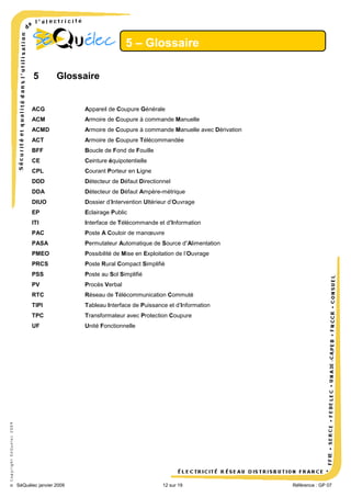 5 – Glossaire
5

Glossaire

Appareil de Coupure Générale

ACM

Armoire de Coupure à commande Manuelle

ACMD

Armoire de Coupure à commande Manuelle avec Dérivation

ACT

Armoire de Coupure Télécommandée

BFF

Boucle de Fond de Fouille

CE

Ceinture équipotentielle

CPL

Courant Porteur en Ligne

DDD

Détecteur de Défaut Directionnel

DDA

Détecteur de Défaut Ampère-métrique

DIUO

Dossier d’Intervention Ultérieur d’Ouvrage

EP

Eclairage Public

ITI

Interface de Télécommande et d’Information

PAC

Poste A Couloir de manœuvre

PASA

Permutateur Automatique de Source d’Alimentation

PMEO

Possibilité de Mise en Exploitation de l’Ouvrage

PRCS

Poste Rural Compact Simplifié

PSS

Poste au Sol Simplifié

PV

Procès Verbal

RTC

Réseau de Télécommunication Commuté

TIPI

Tableau Interface de Puissance et d’Information

TPC

Transformateur avec Protection Coupure

UF

© Copyright SéQuélec 2009

ACG

Unité Fonctionnelle

•
SéQuélec janvier 2009

12 sur 19

Référence : GP 07

 