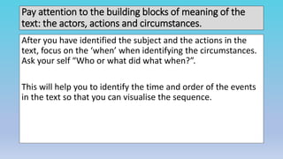 Pay attention to the building blocks of meaning of the
text: the actors, actions and circumstances.
After you have identified the subject and the actions in the
text, focus on the ‘when’ when identifying the circumstances.
Ask your self “Who or what did what when?”.
This will help you to identify the time and order of the events
in the text so that you can visualise the sequence.
 