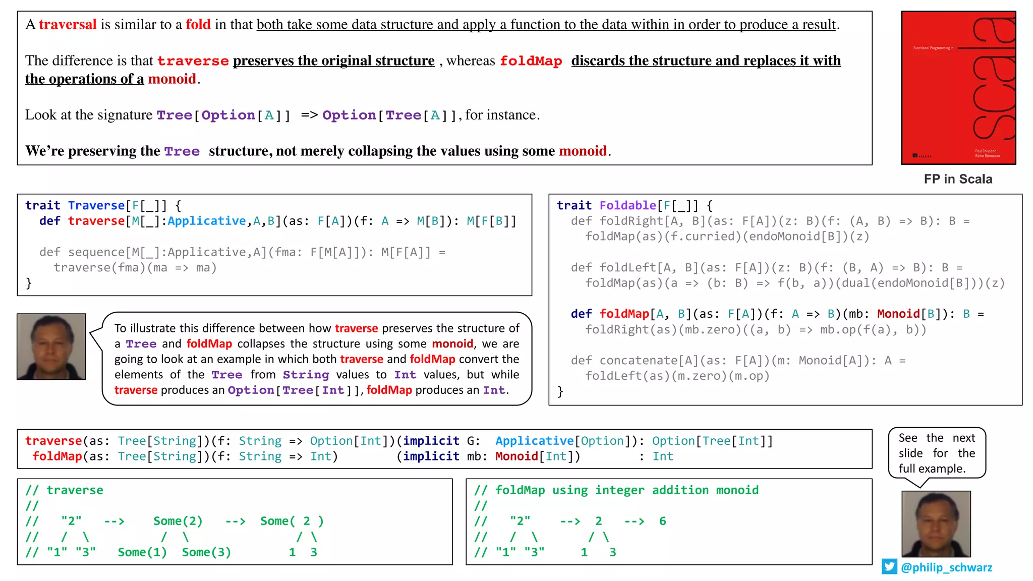 A traversal is similar to a fold in that both take some data structure and apply a function to the data within in order to produce a result.
The difference is that traverse preserves the original structure , whereas foldMap discards the structure and replaces it with
the operations of a monoid.
Look at the signature Tree[Option[A]] => Option[Tree[A]], for instance.
We’re preserving the Tree structure, not merely collapsing the values using some monoid.
trait Traverse[F[_]] {
def traverse[M[_]:Applicative,A,B](as: F[A])(f: A => M[B]): M[F[B]]
def sequence[M[_]:Applicative,A](fma: F[M[A]]): M[F[A]] =
traverse(fma)(ma => ma)
}
trait Foldable[F[_]] {
def foldRight[A, B](as: F[A])(z: B)(f: (A, B) => B): B =
foldMap(as)(f.curried)(endoMonoid[B])(z)
def foldLeft[A, B](as: F[A])(z: B)(f: (B, A) => B): B =
foldMap(as)(a => (b: B) => f(b, a))(dual(endoMonoid[B]))(z)
def foldMap[A, B](as: F[A])(f: A => B)(mb: Monoid[B]): B =
foldRight(as)(mb.zero)((a, b) => mb.op(f(a), b))
def concatenate[A](as: F[A])(m: Monoid[A]): A =
foldLeft(as)(m.zero)(m.op)
}
traverse(as: Tree[String])(f: String => Option[Int])(implicit G: Applicative[Option]): Option[Tree[Int]]
foldMap(as: Tree[String])(f: String => Int) (implicit mb: Monoid[Int]) : Int
// foldMap using integer addition monoid
//
// "2" --> 2 --> 6
// /  / 
// "1" "3" 1 3
// traverse
//
// "2" --> Some(2) --> Some( 2 )
// /  /  / 
// "1" "3" Some(1) Some(3) 1 3
To illustrate this difference between how traverse preserves the structure of
a Tree and foldMap collapses the structure using some monoid, we are
going to look at an example in which both traverse and foldMap convert the
elements of the Tree from String values to Int values, but while
traverse produces an Option[Tree[Int]], foldMap produces an Int.
FP in Scala
See the next
slide for the
full example.
@philip_schwarz
 