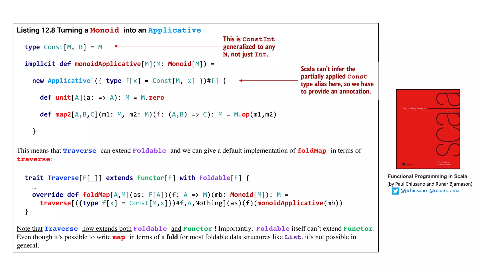 Listing 12.8 Turning a Monoid into an Applicative
type Const[M, B] = M
implicit def monoidApplicative[M](M: Monoid[M]) =
new Applicative[({ type f[x] = Const[M, x] })#f] {
def unit[A](a: => A): M = M.zero
def map2[A,B,C](m1: M, m2: M)(f: (A,B) => C): M = M.op(m1,m2)
}
This means that Traverse can extend Foldable and we can give a default implementation of foldMap in terms of
traverse:
trait Traverse[F[_]] extends Functor[F] with Foldable[F] {
…
override def foldMap[A,M](as: F[A])(f: A => M)(mb: Monoid[M]): M =
traverse[({type f[x] = Const[M,x]})#f,A,Nothing](as)(f)(monoidApplicative(mb))
}
Note that Traverse now extends both Foldable and Functor ! Importantly, Foldable itself can’t extend Functor.
Even though it’s possible to write map in terms of a fold for most foldable data structures like List, it’s not possible in
general.
Functional Programming in Scala
(by	Paul	Chiusano	and	Runar	Bjarnason)
@pchiusano @runarorama
 