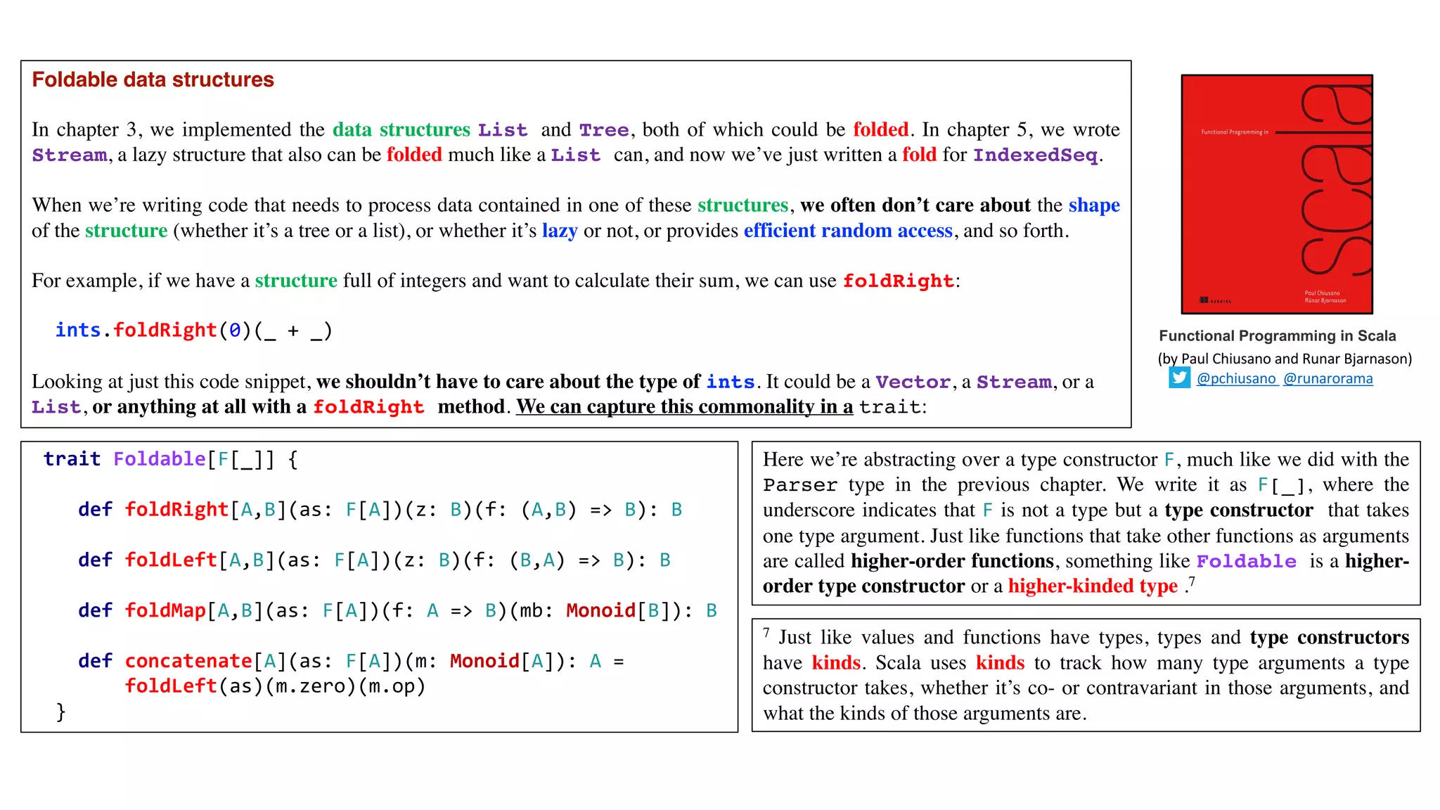 Foldable data structures
In chapter 3, we implemented the data structures List and Tree, both of which could be folded. In chapter 5, we wrote
Stream, a lazy structure that also can be folded much like a List can, and now we’ve just written a fold for IndexedSeq.
When we’re writing code that needs to process data contained in one of these structures, we often don’t care about the shape
of the structure (whether it’s a tree or a list), or whether it’s lazy or not, or provides efficient random access, and so forth.
For example, if we have a structure full of integers and want to calculate their sum, we can use foldRight:
ints.foldRight(0)(_ + _)
Looking at just this code snippet, we shouldn’t have to care about the type of ints. It could be a Vector, a Stream, or a
List, or anything at all with a foldRight method. We can capture this commonality in a trait:
Functional Programming in Scala
(by	Paul	Chiusano	and	Runar	Bjarnason)
@pchiusano @runarorama
trait Foldable[F[_]] {
def foldRight[A,B](as: F[A])(z: B)(f: (A,B) => B): B
def foldLeft[A,B](as: F[A])(z: B)(f: (B,A) => B): B
def foldMap[A,B](as: F[A])(f: A => B)(mb: Monoid[B]): B
def concatenate[A](as: F[A])(m: Monoid[A]): A =
foldLeft(as)(m.zero)(m.op)
}
Here we’re abstracting over a type constructor F, much like we did with the
Parser type in the previous chapter. We write it as F[_], where the
underscore indicates that F is not a type but a type constructor that takes
one type argument. Just like functions that take other functions as arguments
are called higher-order functions, something like Foldable is a higher-
order type constructor or a higher-kinded type .7
7 Just like values and functions have types, types and type constructors
have kinds. Scala uses kinds to track how many type arguments a type
constructor takes, whether it’s co- or contravariant in those arguments, and
what the kinds of those arguments are.
 