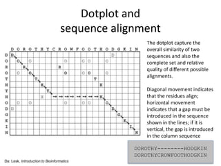 Dotplot and
sequence alignment
The dotplot capture the
overall similarity of two
sequences and also the
complete set and relative
quality of different possible
alignments.
Diagonal movement indicates
that the residues align;
horizontal movement
indicates that a gap must be
introduced in the sequence
shown in the lines; if it is
vertical, the gap is introduced
in the column sequence
Da: Lesk, Introduction to Bioinformatics
DOROTHY--------HODGKIN
DOROTHYCROWFOOTHODGKIN
 