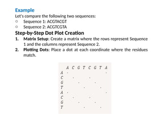 Example
Let's compare the following two sequences:
o Sequence 1: ACGTACGT
o Sequence 2: ACGTCGTA
Step-by-Step Dot Plot Creation
1. Matrix Setup: Create a matrix where the rows represent Sequence
1 and the columns represent Sequence 2.
2. Plotting Dots: Place a dot at each coordinate where the residues
match.
 