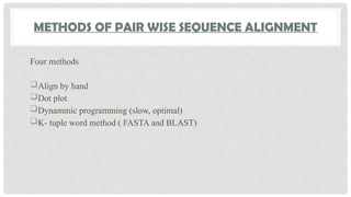 METHODS OF PAIR WISE SEQUENCE ALIGNMENT
Four methods
Align by hand
Dot plot
Dynammic programming (slow, optimal)
K- tuple word method ( FASTA and BLAST)
 