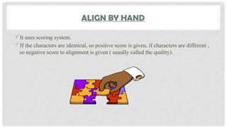 ALIGN BY HAND
It uses scoring system.
If the characters are identical, so positive score is given, if characters are different ,
so negative score to alignment is given ( usually called the quality).
 