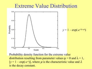 Extreme Value Distribution Probability density function for the extreme value distribution resulting from parameter values    = 0 and    = 1, [ y  = 1 – exp(- e -x )], where     is the characteristic value and     is the decay constant.  y  = 1 – exp(- e -  ( x -  ) ) 