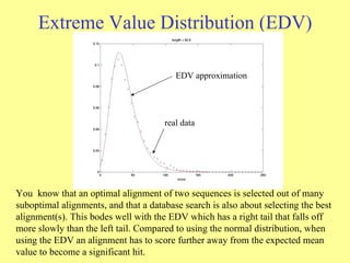 Extreme Value Distribution (EDV) You  know that an optimal alignment of two sequences is selected out of many suboptimal alignments, and that a database search is also about selecting the best alignment(s). This bodes well with the EDV which has a right tail that falls off more slowly than the left tail. Compared to using the normal distribution, when using the EDV an alignment has to score further away from the expected mean value to become a significant hit.  real data EDV approximation 