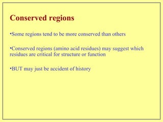Conserved regions Some regions tend to be more conserved than others Conserved regions (amino acid residues) may suggest which residues are critical for structure or function BUT may just be accident of history 