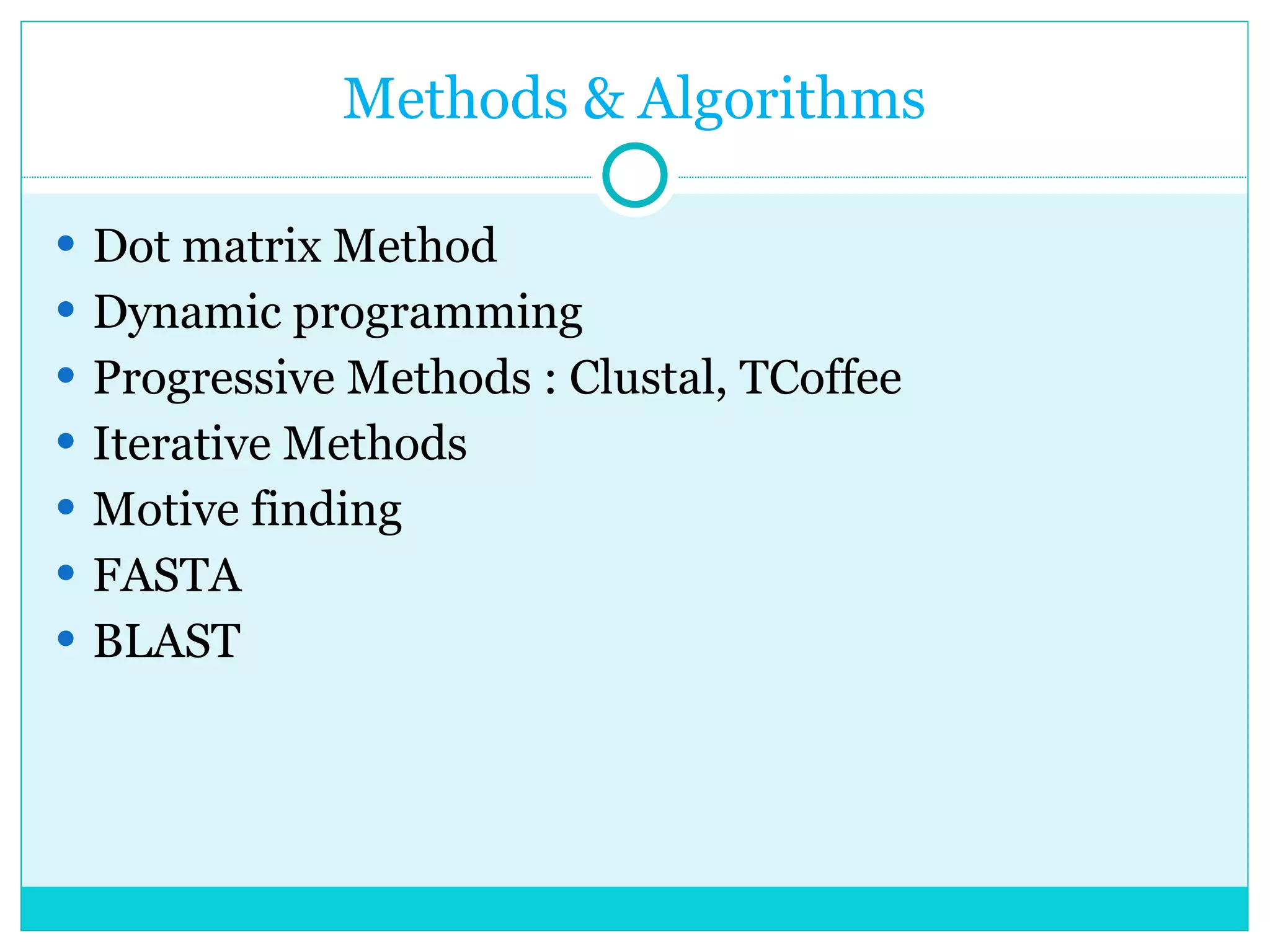 Methods & Algorithms Dot matrix Method Dynamic programming Progressive Methods : Clustal, TCoffee Iterative Methods Motive finding FASTA BLAST 