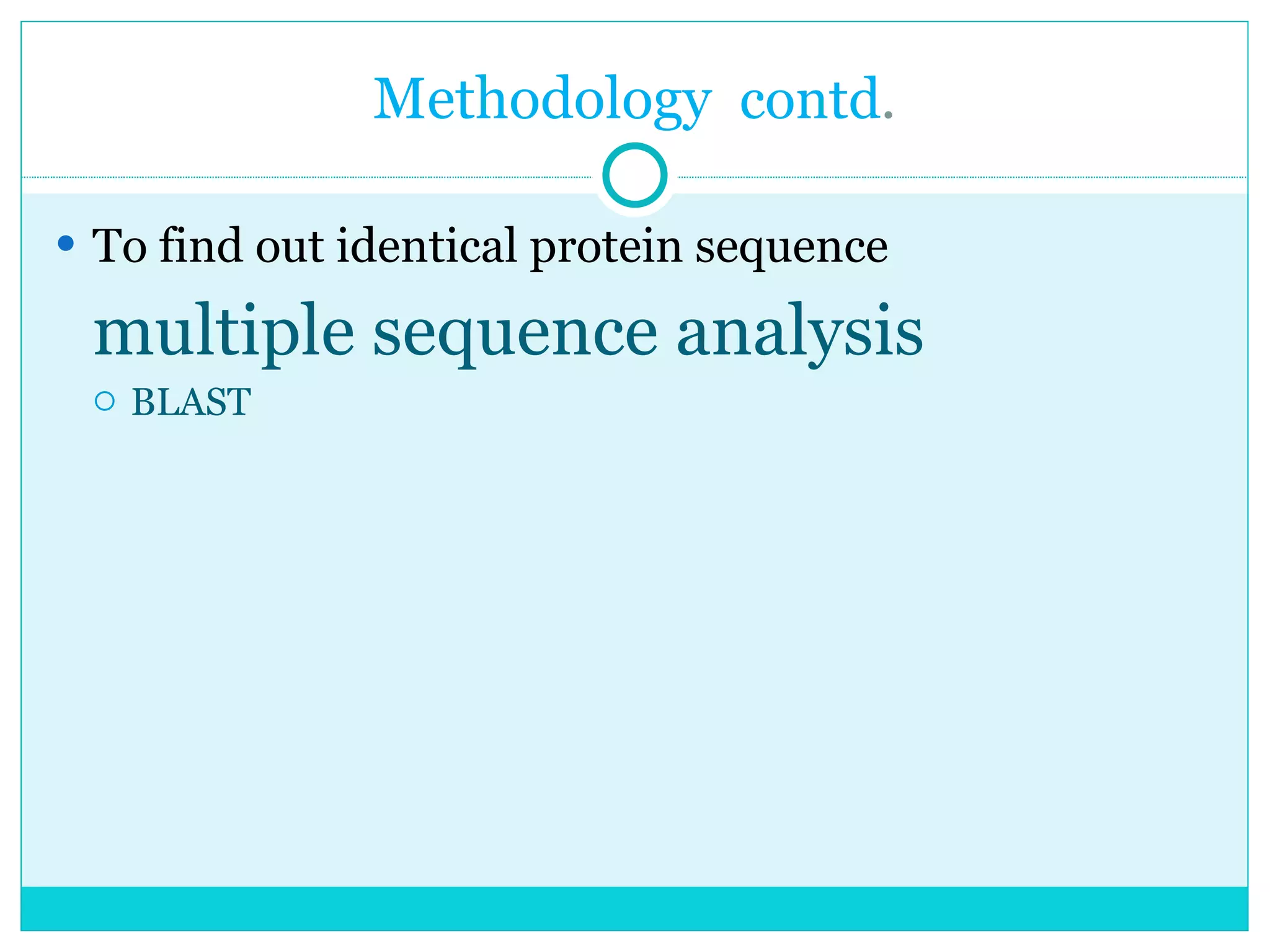 Methodology  contd . To find out identical protein sequence multiple sequence analysis BLAST 