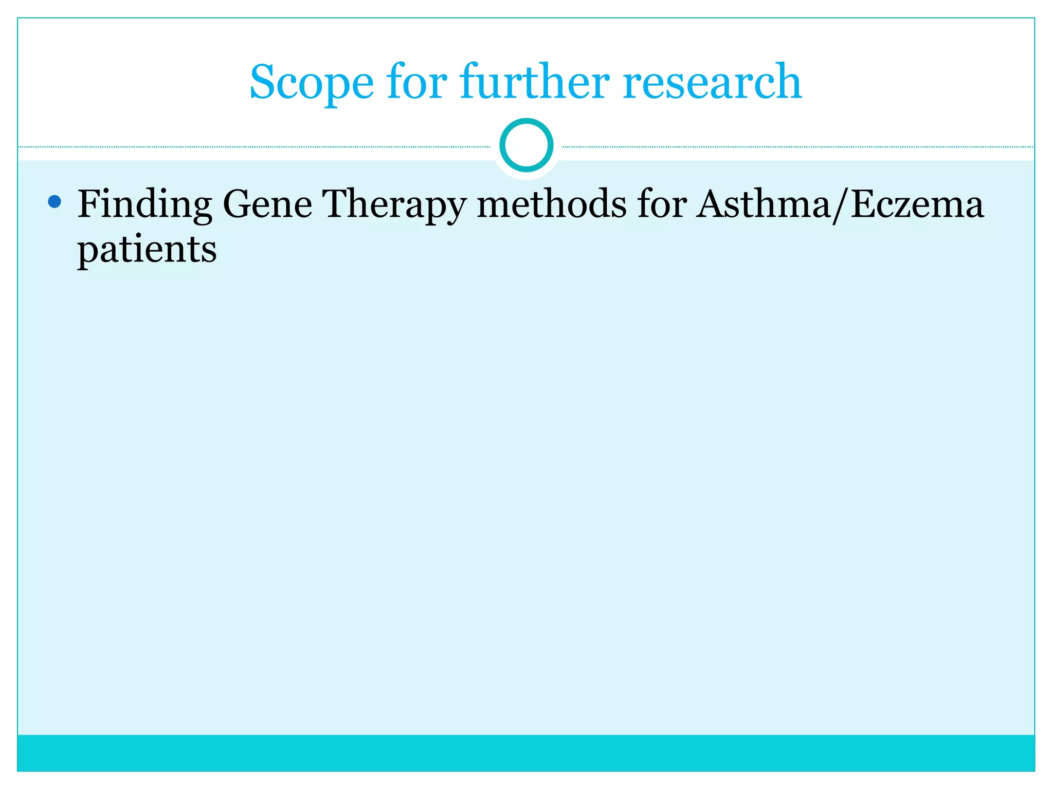 Scope for further research Finding Gene Therapy methods for Asthma/Eczema patients 