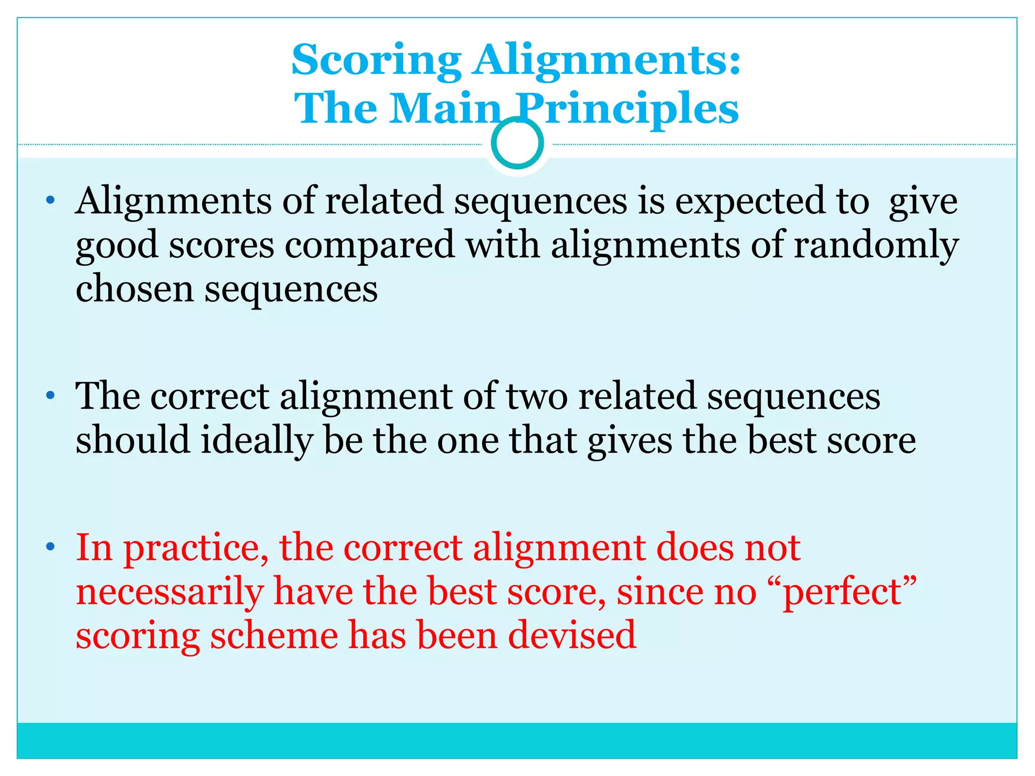 Scoring Alignments: The Main Principles Alignments of related sequences is expected to  give good scores compared with alignments of randomly chosen sequences The correct alignment of two related sequences should ideally be the one that gives the best score In practice, the correct alignment does not necessarily have the best score, since no “perfect” scoring scheme has been devised 