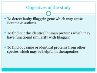 Objectives of the study To detect faulty filaggrin gene which may cause Eczema & Asthma To find out the identical human proteins which may have functional similarity with filaggrin To find out same or identical proteins from other species which may be helpful in therapeutics  