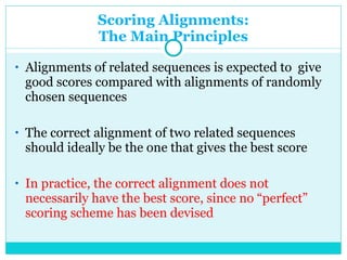 Scoring Alignments: The Main Principles Alignments of related sequences is expected to  give good scores compared with alignments of randomly chosen sequences The correct alignment of two related sequences should ideally be the one that gives the best score In practice, the correct alignment does not necessarily have the best score, since no “perfect” scoring scheme has been devised 