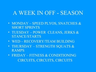 A WEEK IN OFF - SEASON MONDAY – SPEED PLYOS, SNATCHES & SHORT SPRINTS TUESDAY – POWER  CLEANS, JERKS & STANCE/STARTS WED – RECOVERY/TEAM BUILDING THURSDAY – STRENGTH SQUATS & RAMPS FRIDAY – FITNESS & CONDITIONING CIRCUITS, CIRCUITS, CIRCUITS 