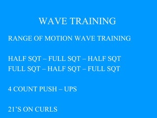 WAVE TRAINING RANGE OF MOTION WAVE TRAINING HALF SQT – FULL SQT – HALF SQT FULL SQT – HALF SQT – FULL SQT 4 COUNT PUSH – UPS 21’S ON CURLS 