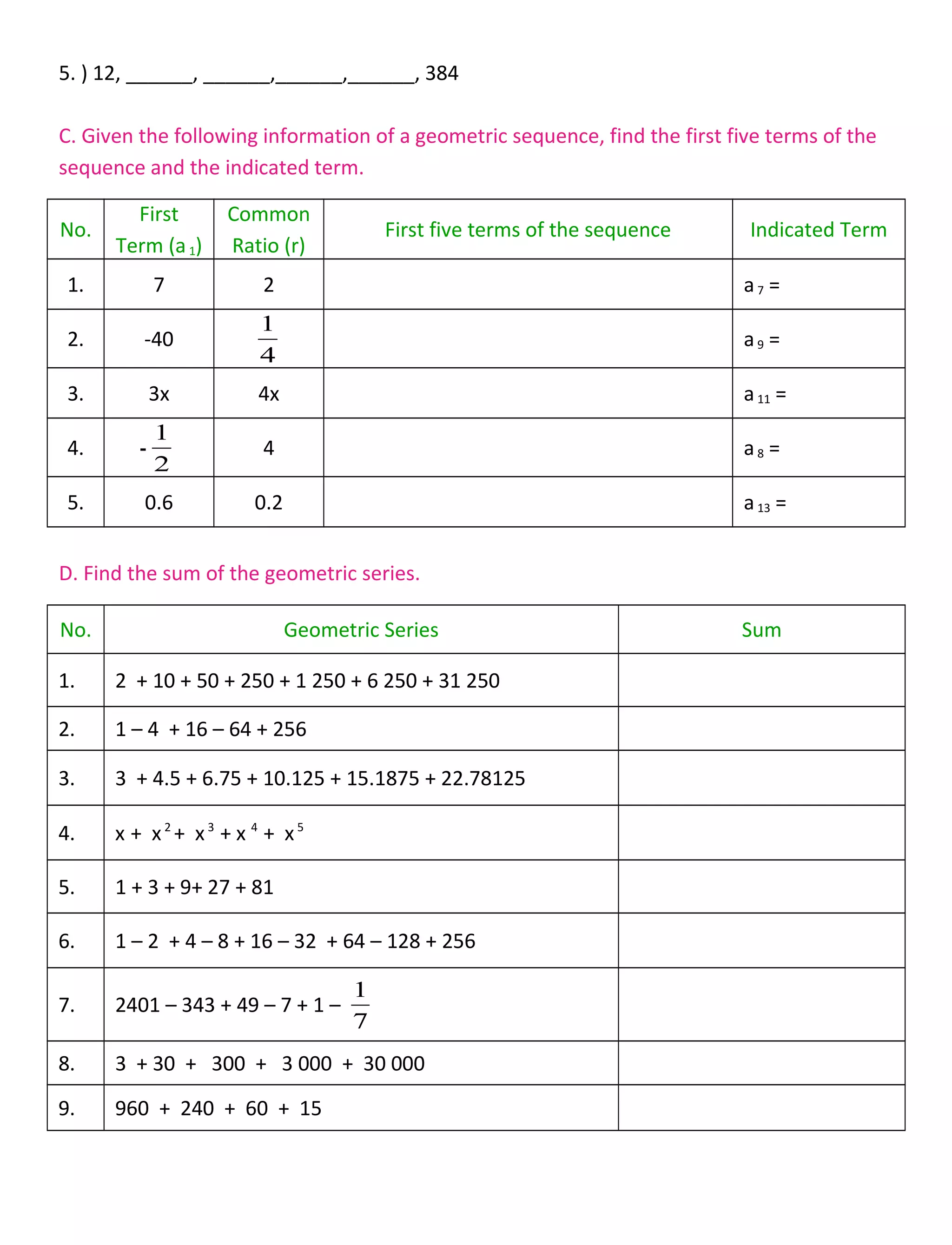 5. ) 12, ______, ______,______,______, 384
C. Given the following information of a geometric sequence, find the first five terms of the
sequence and the indicated term.
No.
First
Term (a1)
Common
Ratio (r)
First five terms of the sequence Indicated Term
1. 7 2 a7 =
2. -40
4
1
a9 =
3. 3x 4x a11 =
4. -
2
1
4 a8 =
5. 0.6 0.2 a13 =
D. Find the sum of the geometric series.
No. Geometric Series Sum
1. 2 + 10 + 50 + 250 + 1 250 + 6 250 + 31 250
2. 1 – 4 + 16 – 64 + 256
3. 3 + 4.5 + 6.75 + 10.125 + 15.1875 + 22.78125
4. x + x2
+ x3
+ x 4
+ x5
5. 1 + 3 + 9+ 27 + 81
6. 1 – 2 + 4 – 8 + 16 – 32 + 64 – 128 + 256
7. 2401 – 343 + 49 – 7 + 1 –
7
1
8. 3 + 30 + 300 + 3 000 + 30 000
9. 960 + 240 + 60 + 15
 