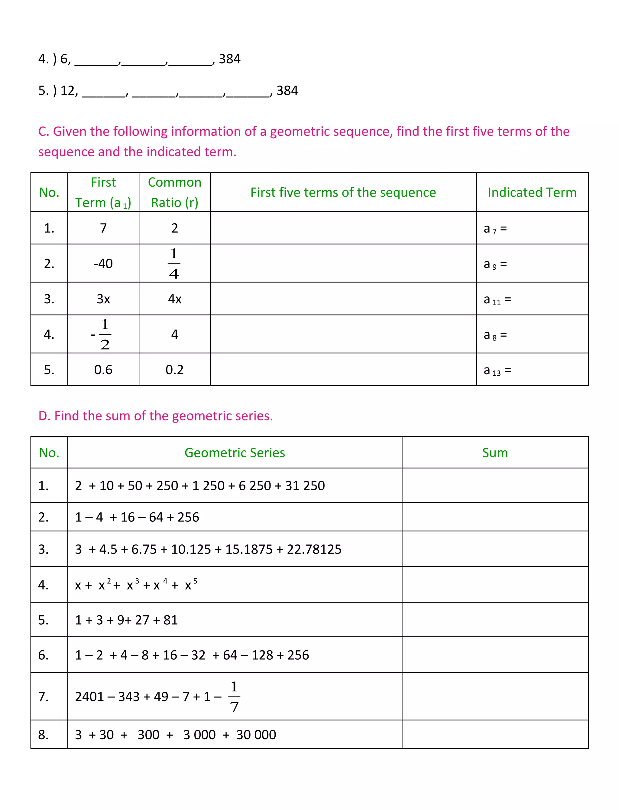 4. ) 6, ______,______,______, 384
5. ) 12, ______, ______,______,______, 384
C. Given the following information of a geometric sequence, find the first five terms of the
sequence and the indicated term.
No.
First
Term (a1)
Common
Ratio (r)
First five terms of the sequence Indicated Term
1. 7 2 a7 =
2. -40
4
1
a9 =
3. 3x 4x a11 =
4. -
2
1
4 a8 =
5. 0.6 0.2 a13 =
D. Find the sum of the geometric series.
No. Geometric Series Sum
1. 2 + 10 + 50 + 250 + 1 250 + 6 250 + 31 250
2. 1 – 4 + 16 – 64 + 256
3. 3 + 4.5 + 6.75 + 10.125 + 15.1875 + 22.78125
4. x + x2
+ x3
+ x 4
+ x5
5. 1 + 3 + 9+ 27 + 81
6. 1 – 2 + 4 – 8 + 16 – 32 + 64 – 128 + 256
7. 2401 – 343 + 49 – 7 + 1 –
7
1
8. 3 + 30 + 300 + 3 000 + 30 000
 
