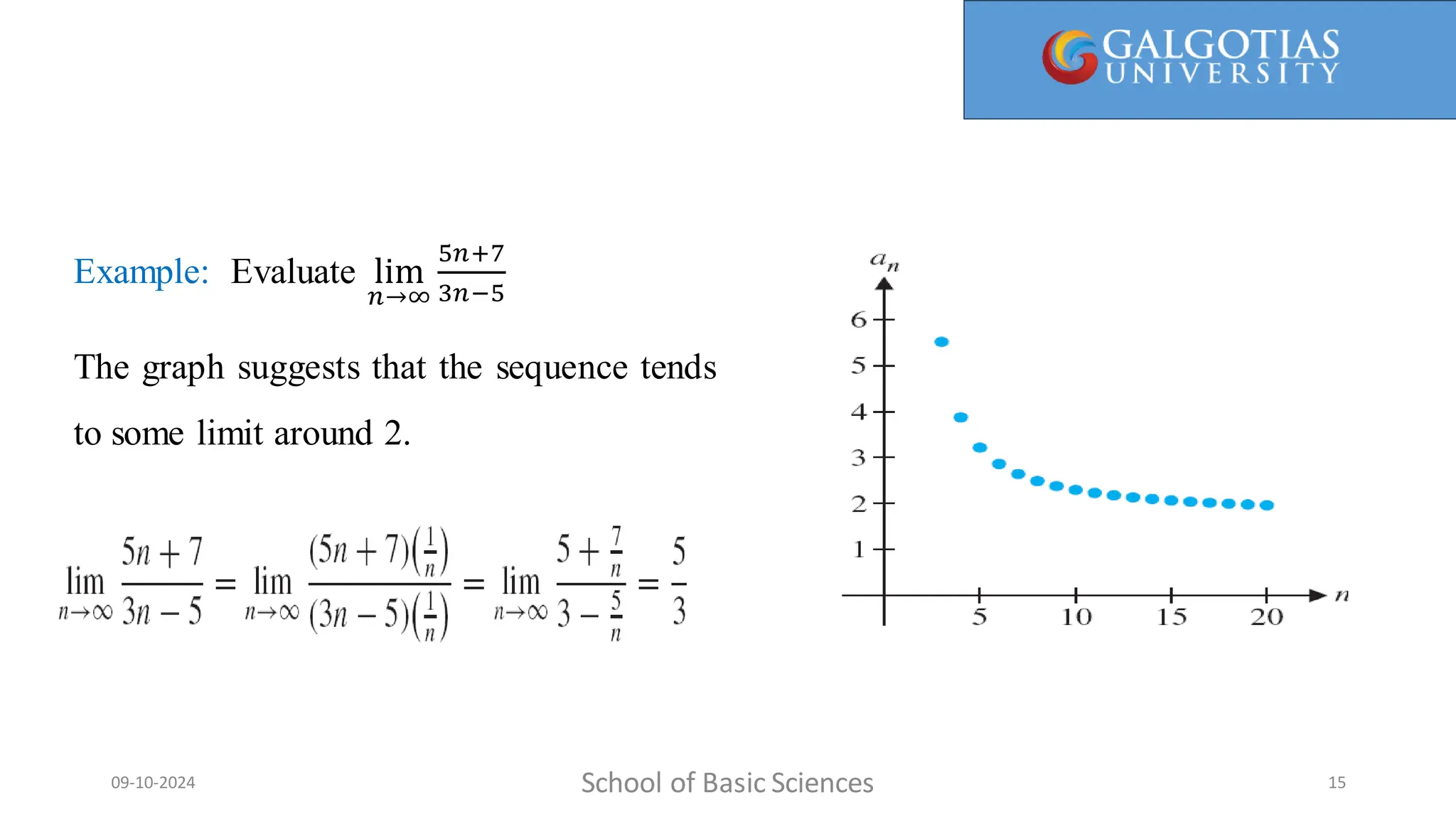 Here, 1/1 is called the first term, 1/2 is the second term, and so on. We call a(n) = 1/n the general term, since it gives a general
formula for computing all the terms of the sequence.
School of Basic Sciences
09-10-2024 15
Example: Evaluate lim
𝑛→∞
5𝑛+7
3𝑛−5
The graph suggests that the sequence tends
to some limit around 2.
 