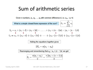 Sum of arithmetic series
Tuesday, April 9, 2024 CSE 1107: Discrete Mathmatics, CSE, KUET 17
 