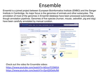 Ensemble
Ensembl is a joined project between European Bioinformatics Institute (EMBO) and the Sanger
Institute in Cambridge. Its major focus is the genomes of animals and other eukaryotes. The
annotation of most of the genomes in Ensembl database have been processed automatically
though annotation pipelines. Genomes of five species (human, mouse, zebrafish, pig and dog)
have been carefully annotated by manual curation.

Check out the video for Ensemble videos
https://www.youtube.com/watch?v=bGryvTCOMGA
https://www.youtube.com/watch?v=ZpnQOOxXufM

 