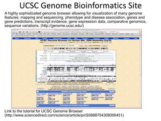 UCSC Genome Bioinformatics Site
A highly sophisticated genome browser allowing for visualization of many genome
features: mapping and sequencing, phenotype and disease association, genes and
gene predictions, transcript evidence, gene expression data, comparative genomics,
sequence variations. (http://genome.ucsc.edu/)

Link to the tutorial for UCSC Genome Browser
(http://www.sciencedirect.com/science/article/pii/S0888754308000451)

 