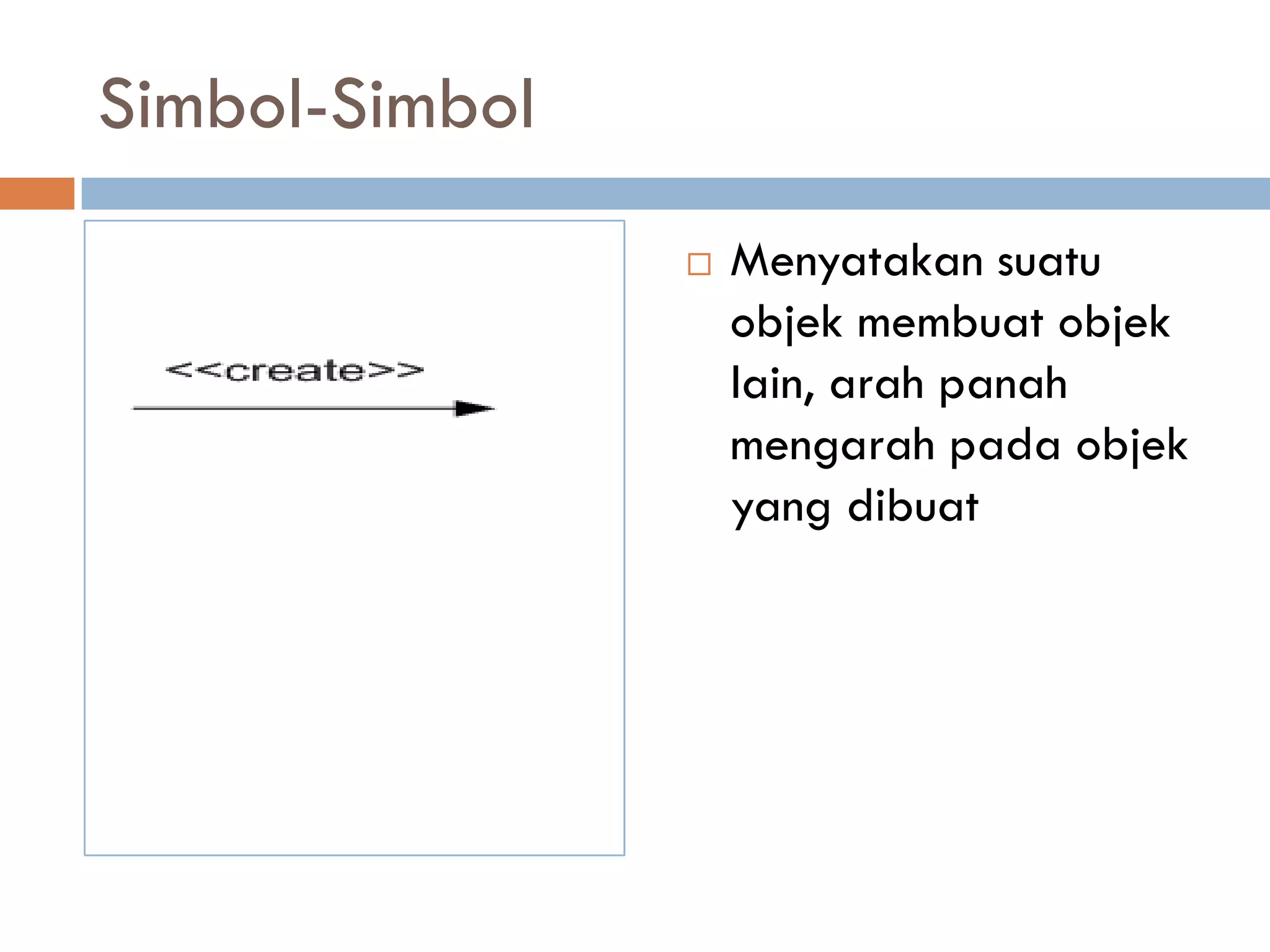 Simbol-Simbol
 Menyatakan suatu
objek membuat objek
lain, arah panah
mengarah pada objek
yang dibuat
 