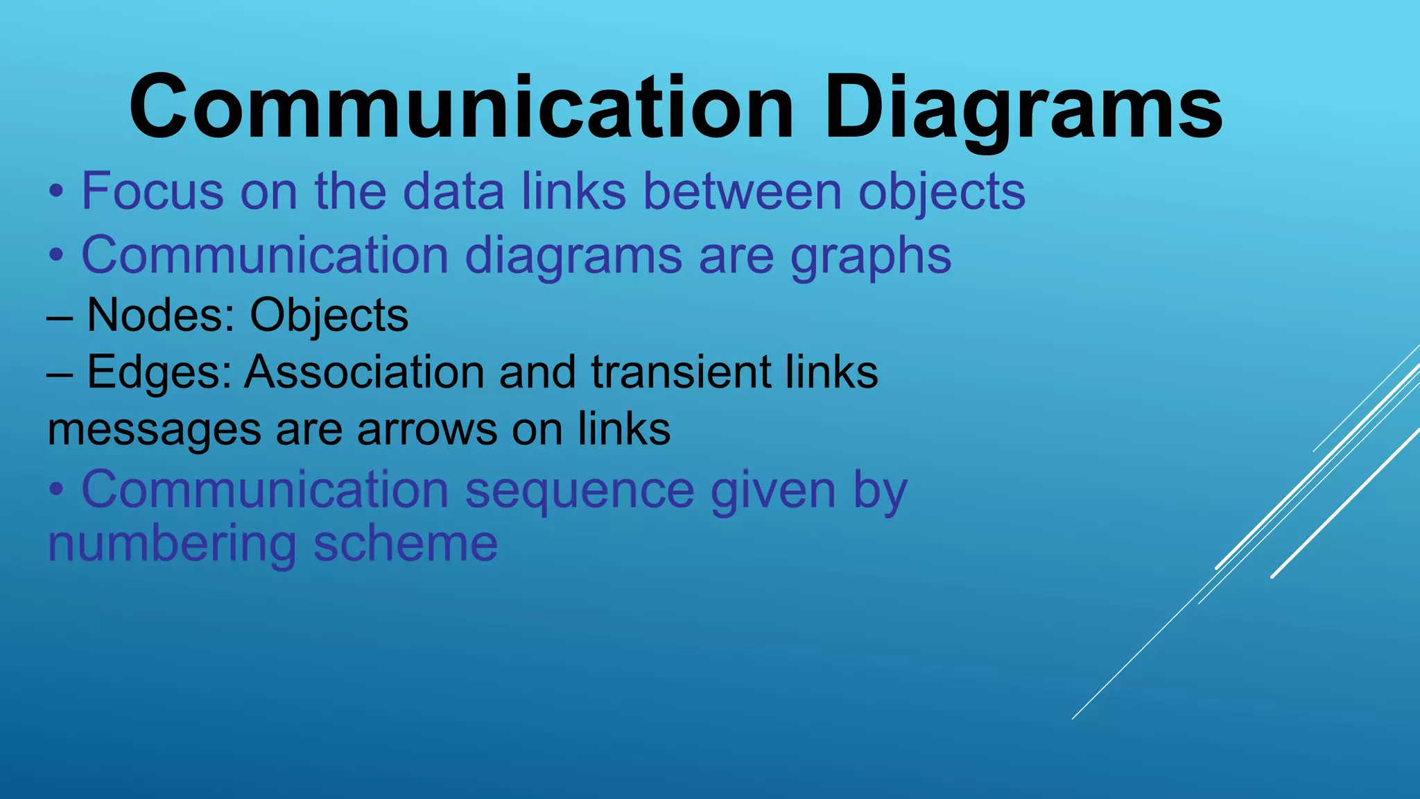 Communication Diagrams
• Focus on the data links between objects
• Communication diagrams are graphs
– Nodes: Objects
– Edges: Association and transient links
messages are arrows on links
• Communication sequence given by
numbering scheme
 