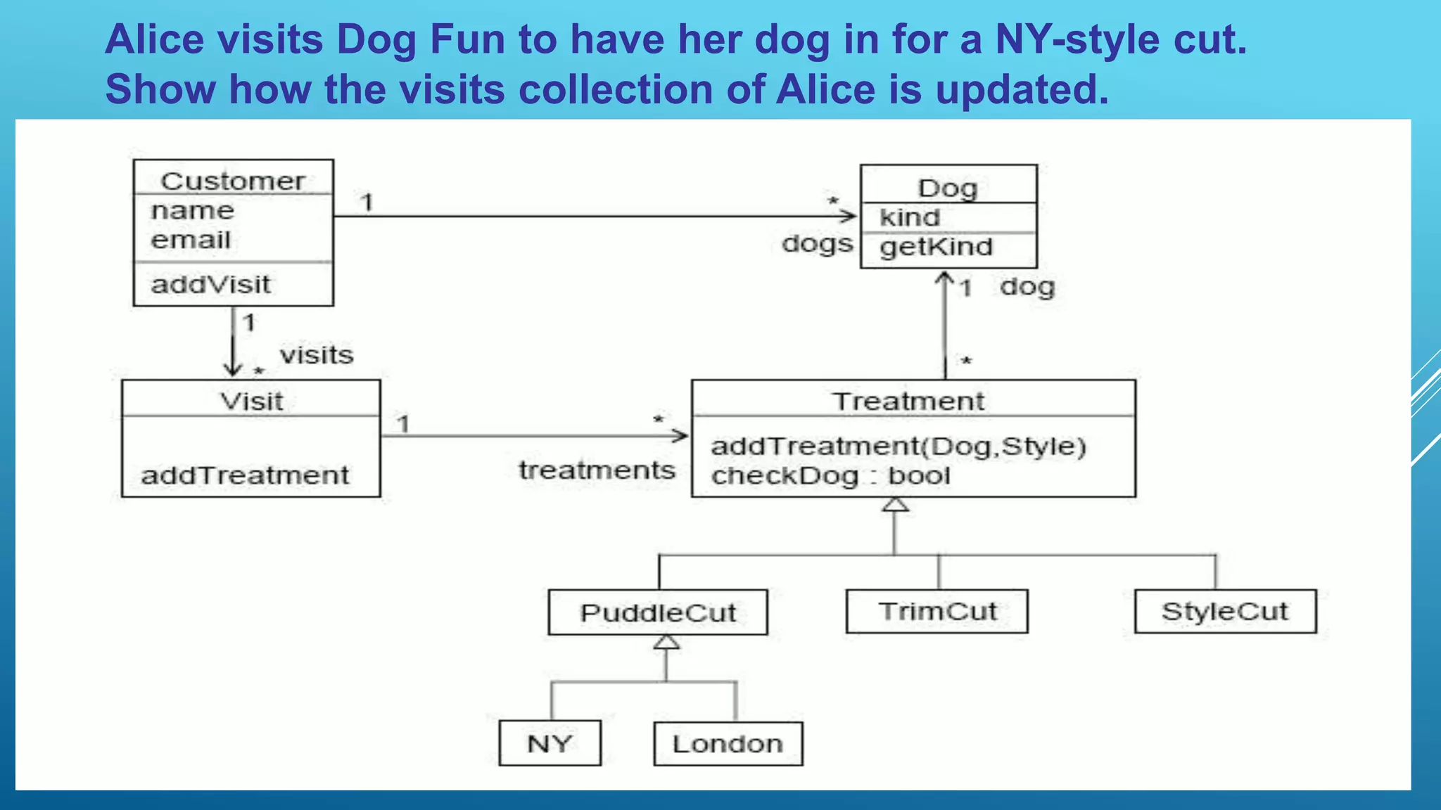 Alice visits Dog Fun to have her dog in for a NY-style cut.
Show how the visits collection of Alice is updated.
 